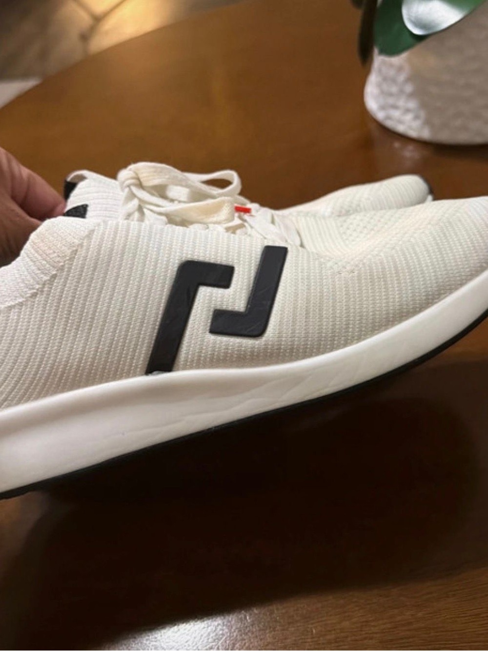 Knit Lace-Up Sneakers in Cream with Black Logo Accent